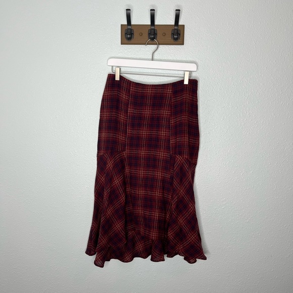 Anthropologie Maeve Burgundy Plaid Wool Midi Skirt - Picture 3 of 10